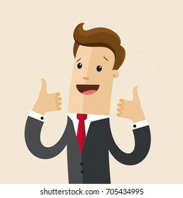 Businessman shows  both hands a sign Thumb Up. Vector, flat, illustration