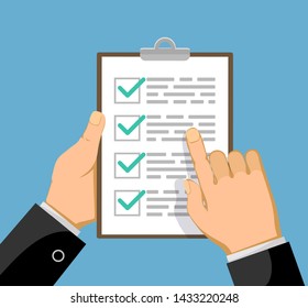 Businessman shows business plan or checklist with green check marks. Vector illustration.