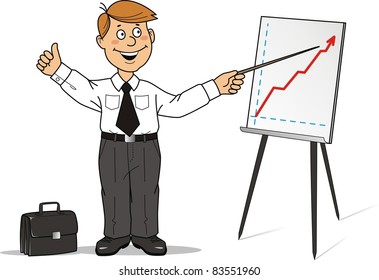 The businessman shows  the business plan on a board for presentations