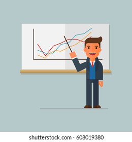 businessman shows a chart, a report of work