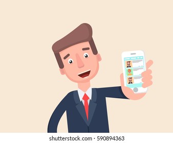 businessman shows the chat app on your phone. Vector illustration in a flat style