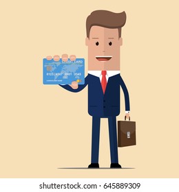 Businessman shows a credit card. Vector illustration