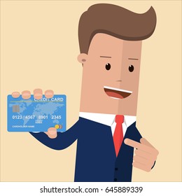 Businessman shows a credit card. Vector illustration
