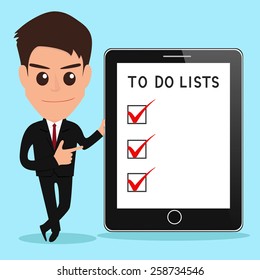 Businessman shows to do lists on tablet screen.vector illustration.