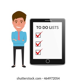Businessman shows to do lists on tablet screen. Cartoon Vector Illustration.