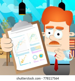Businessman shows finance report. Business concept. Vector illustration, cartoon character holding clipboard in hand.