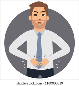 Businessman shows gesture stomach ache. Vector illustration in cartoon style. stomach ache