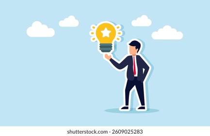 Businessman shows a glowing light bulb labeled with a star, illustration of presenting business ideas about business quality