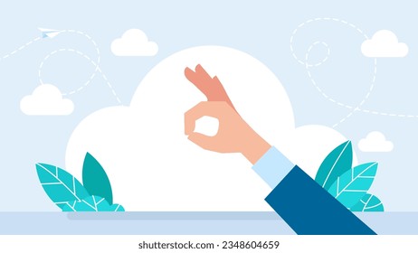 Businessman shows a hand gesture of agreement. Hand OK sign. Hand gesture. Ok hand sign illustration. Okay, agree or perfect. Vector flat illustration
