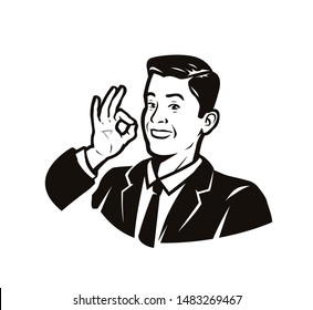 Businessman shows a hand gesture ok. Vector illustration