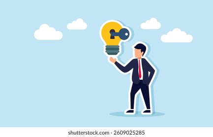 Businessman shows a light bulb with a key inserted, illustration of presenting a business idea related to solution