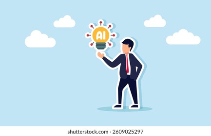 Businessman shows a light bulb labeled AI with small light ornaments, illustration of presenting business ideas and innovations using AI