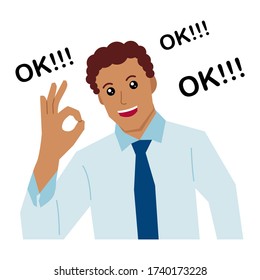 Businessman shows ok sign. Vector cartoon flat illustration
