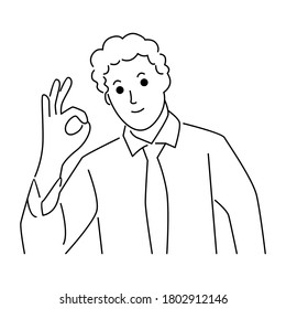 Businessman shows ok sign. Vector line art illustration