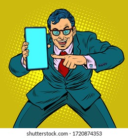 businessman shows on smartphone. Mobile technologies and new gadgets. Pop art retro vector illustration kitsch vintage 50s 60s style