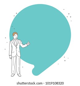 Businessman shows a quotes. Vector illustration line art design. Isolated on background. Place for text, messages, comments. Template for phrase. Thumb up.