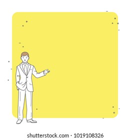 Businessman shows a quotes. Vector illustration line art design. Isolated on background. Place for text, messages, comments. Template for phrase. The open palm.