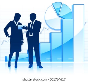 Businessman shows tablet computer to businesswoman.