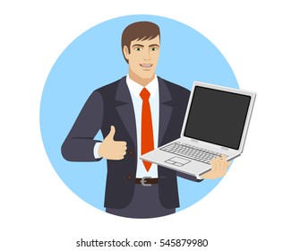 Businessman shows the thumb up. Businessman holding laptop notebook. Portrait of businessman in a flat style. Vector illustration. 