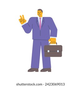 Businessman shows two fingers gesture holding suitcase. Vector Illustration