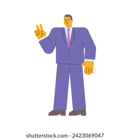 Businessman shows two fingers gesture and smiles. Vector Illustration