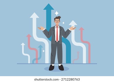 Businessman shrugging with multiple direction arrows. Concept of business decision making, career path choice, strategy confusion, and market trend uncertainty.