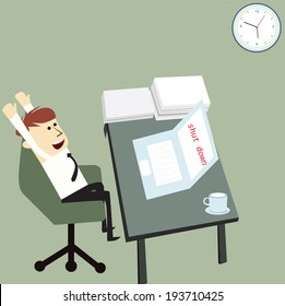 Businessman shuts down laptop to finish work, vector design