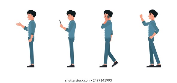 Vista lateral del hombre de negocios vestir jeans azul camisa conjunto de personajes. Hombre hablando por teléfono móvil, orgulloso y habla. Diseño de Ilustración vectorial.