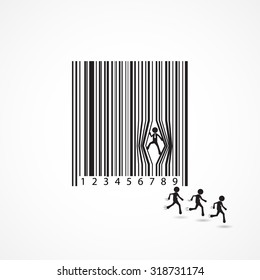 Businessman sign with dilapidation barcode.Escape,flee,lift,move,force,prise,prize,cartoon,business concept.Vector illustration.