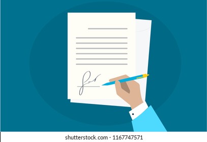 Businessman sign document. Man hand with pen and contract. process of business financial agreement. Document with fake signature. Desk dark blue contrast. Vector illustration top view