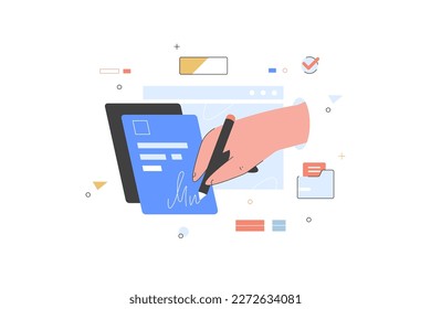Businessman Sign on document flat vector illustration. Agreement contract document. Files Online. Folders with contracts. Paper with form for signature. Paperwork and business.