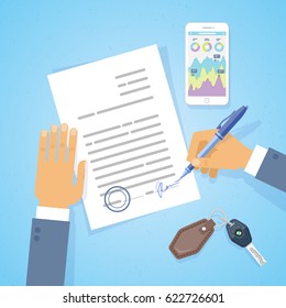 Businessman signed a business letter, contract or document. Paper with seal and signature, a pen, smartphone and car key are on the table. Blue background. Vector, illustration, flat