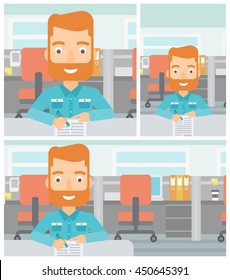 Businessman signing business documents in office. Man is about to sign a business agrement. Confirmation of business transaction. Vector flat design illustration. Square, horizontal, vertical layouts.