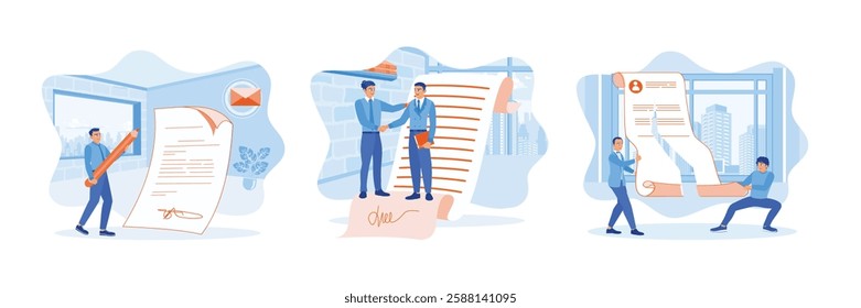 Businessman signing business documents.Business People shaking hands over the signed contract.Cancellation of business contracts. Contract agreement concept. Set flat vector illustration.