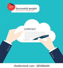 Businessman signing a contract in a cloud. Vector illustration Eps10 file. Global colors. Text and Texture in separate layers.
