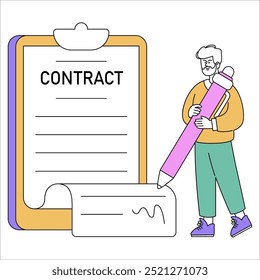 Empresário assinando um conceito de contrato. Profissional animado finalizando um acordo com uma caneta gigante. Representação de conclusão de contrato. Ilustração vetorial.