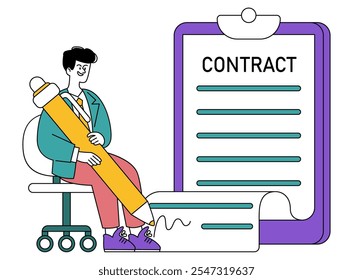 Conceito de contrato assinado pelo empresário. Uma figura masculina confiante fica ao lado de uma grande prancheta com o título CONTRACT. Contrato profissional, finalização de documento legal. Ilustração vetorial.