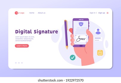 Businessman signing contract with digital pen on phone. Digital signature, business contract, electronic contract, e-signature concept. Vector illustration in flat design for web banner, mobile app