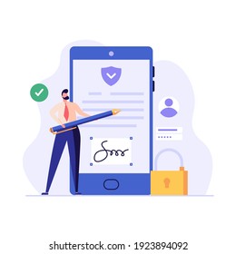 Businessman signing contract with digital pen on phone. Digital signature, business contract, electronic contract, e-signature concept. Vector illustration in flat design for web banner, mobile app