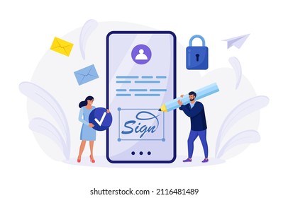 Businessman signing contract with digital pen on phone screen. Electronic contract with digital signature. Businessmen make online deal with e-signature. Agreement conclusion, business partnership