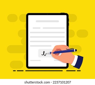 Businessman signing contract with digital pen on tablet. Electronic signature concept. Digital signature, electronic contract, e-signature. Signing document with digital signature. Business technology