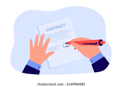 Empresario firmando contrato. Manos de la persona que sostiene el bolígrafo y el documento de papel para firmar sobre la ilustración plana del vector del acuerdo. Firma, concepto de trato para banner, diseño de sitio web o página web de inicio