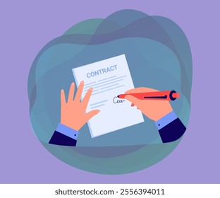 Businessman signing contract. Hands of person holding pen and paper document to sign over agreement flat vector illustration. Signature, deal concept for banner, website design or landing web page