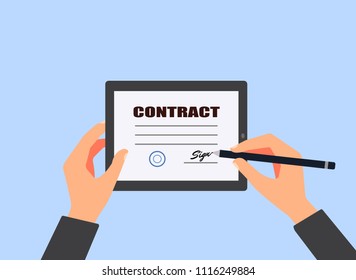 Businessman signing a contract on a tablet using electronic pencil. Vector illustration. Electronic signature concept.
