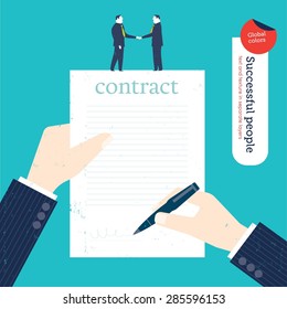 Businessman signing a contract and two businessmen shaking hands. Vector illustration Eps10 file. Global colors. Text and Texture in separate layers.