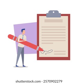 Businessman signing contract vector illustration. Tiny man with huge pen, clipboard with documents on background. Business, agreement, deal concept