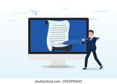 Businessman signing digital signature on computer, digital signature or electronic agreement contact, online document signing, internet transaction identity, certified handwriting application (Vector)