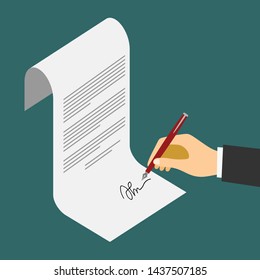 Businessman signing a document. Man hands with pen and contract. The process of business financial agreement. Document with a signature. Desk with money calculator. Vector 