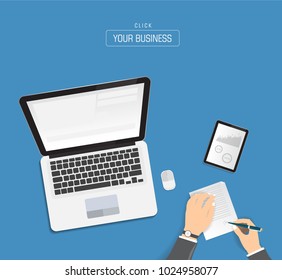 Businessman signing document and using smartphone, tablet for communication. Technology and business concept. Online shopping.