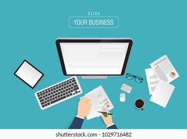 Businessman signing document and using smartphone, tablet for communication with graphic icon. Technology and business concept. Online shopping.